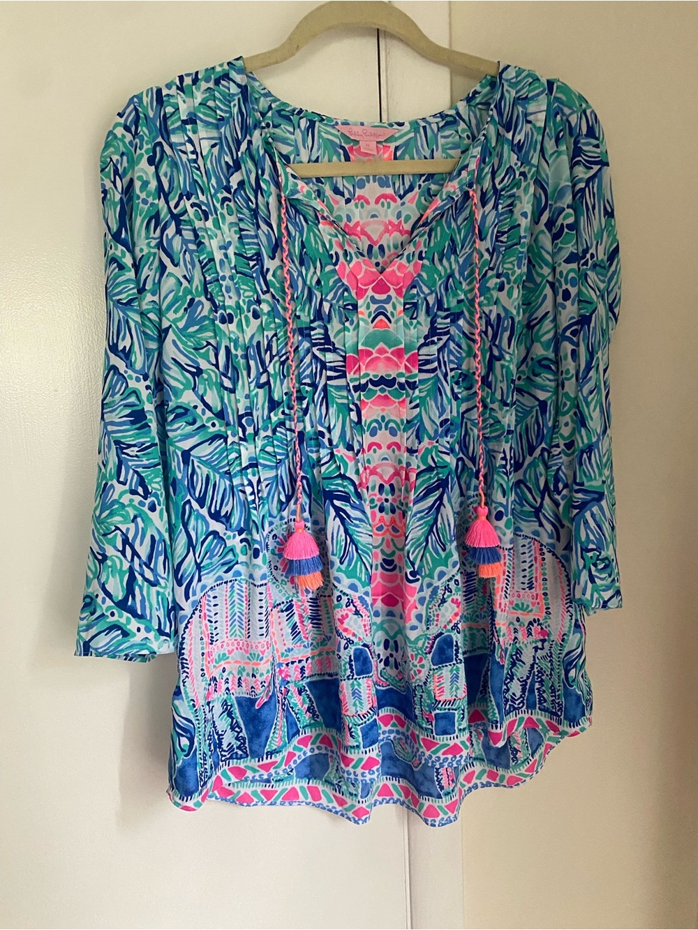 Lilly Pulitzer Blue Green Pink Printed Tassel Tunic